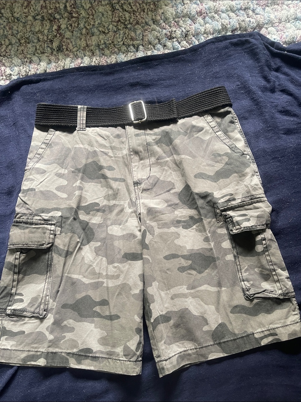 Beverly Hills Polo Club Gray Camo Cargo Shorts with Black Belt